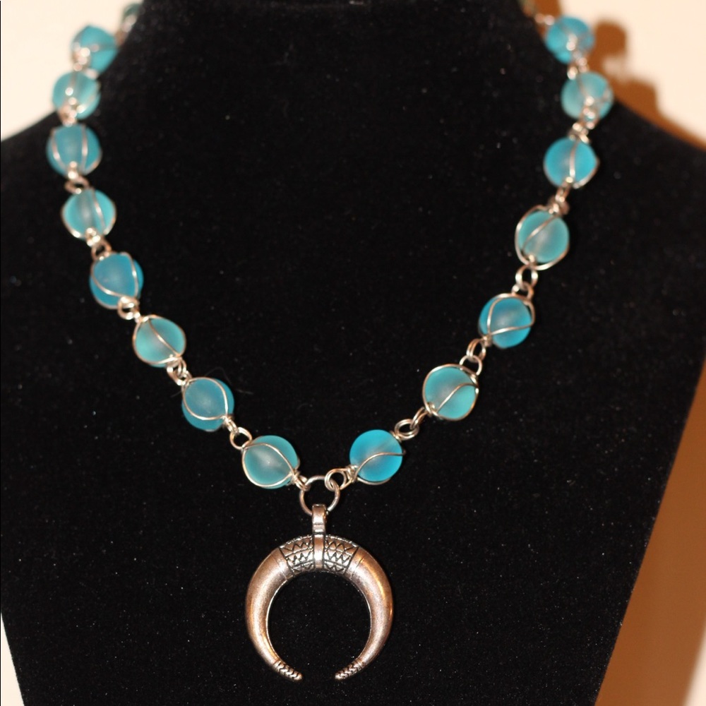 Blue glass bead wire wrap necklace